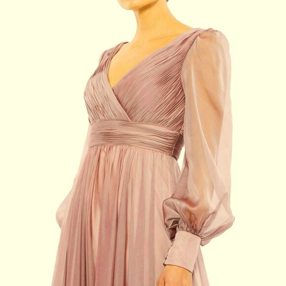 Mac Duggal Mocha Mauve Long Sleeve Satin & Chiffon Tiered Gown - Picture 3 of 3